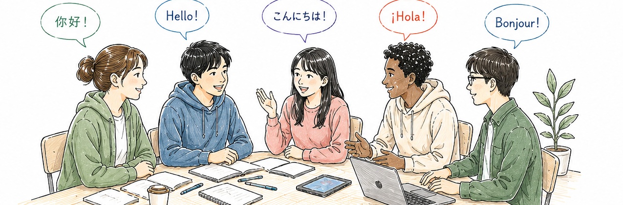 Students talking around a table with multilingual speech bubbles
